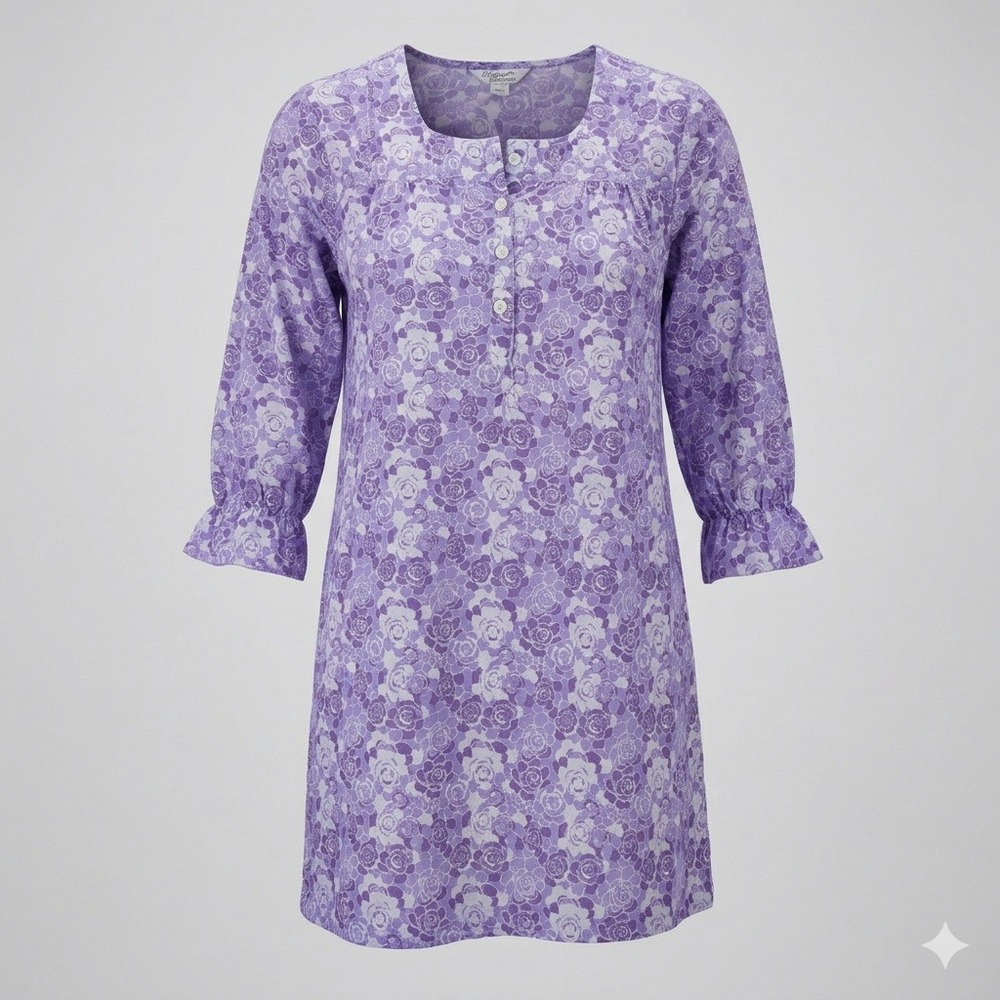 Anthony Richards Purple Floral Rose Henley Nightgown House Dress XL 3/4 Sleeve